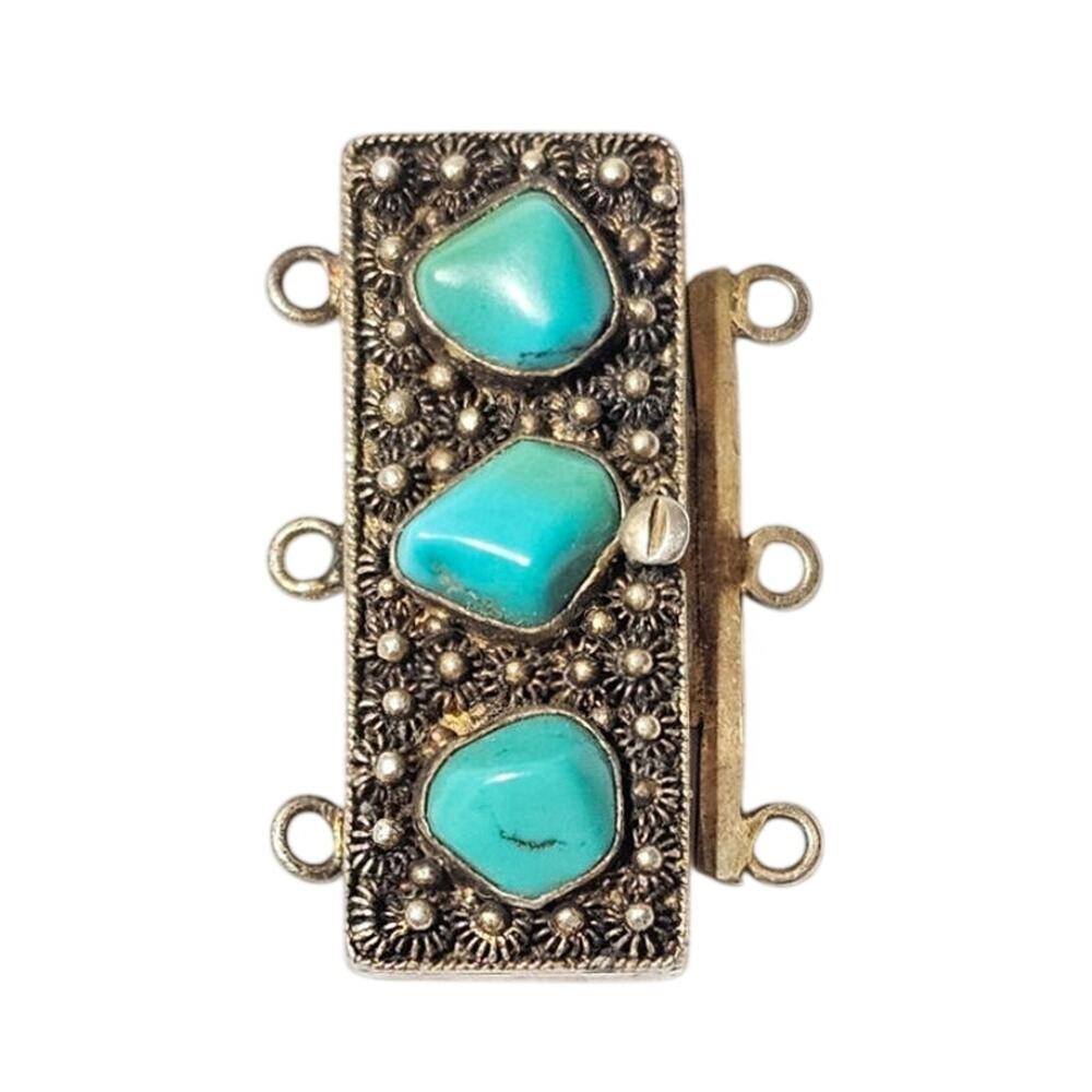 Vintage Chinese Export Vermeil Silver Turquoise Triple Strand Box Clasp
